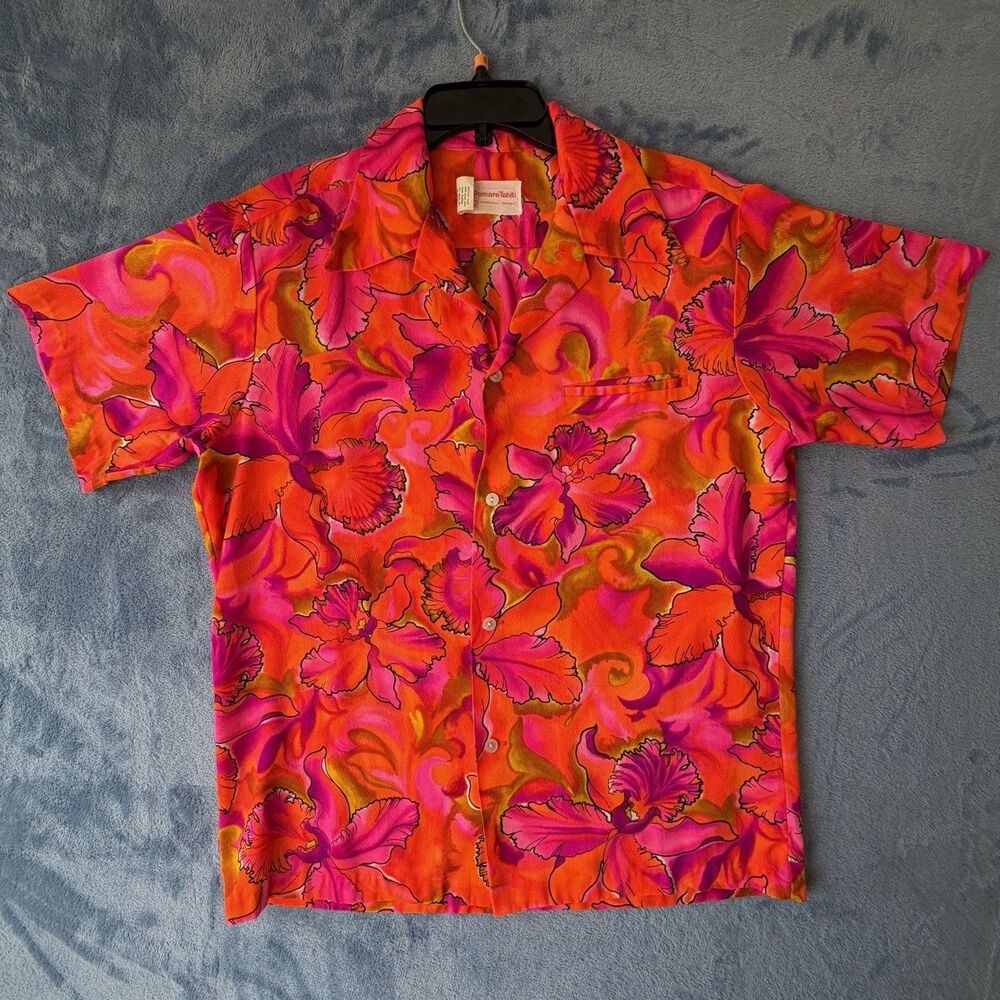 Vintage Pomare Tahiti Hawaiian Shirt Mens M 100% Rayon Orchid Floral Pink Orange